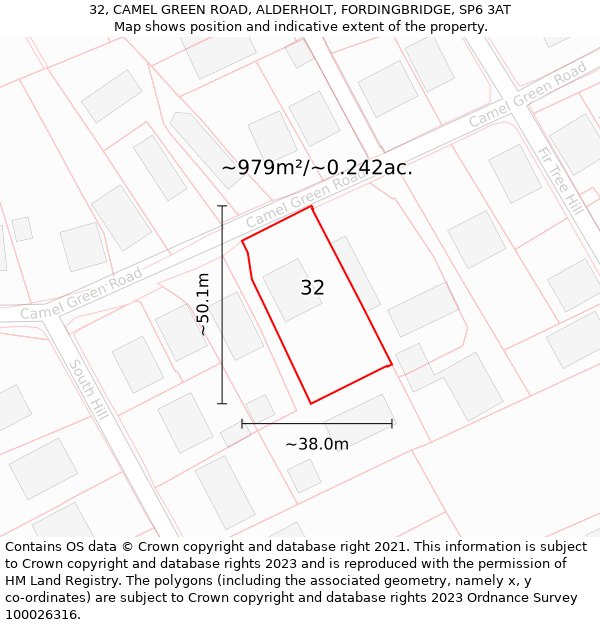 32, CAMEL GREEN ROAD, ALDERHOLT, FORDINGBRIDGE, SP6 3AT: Plot and title map