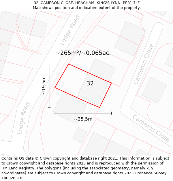 32, CAMERON CLOSE, HEACHAM, KING'S LYNN, PE31 7LF: Plot and title map