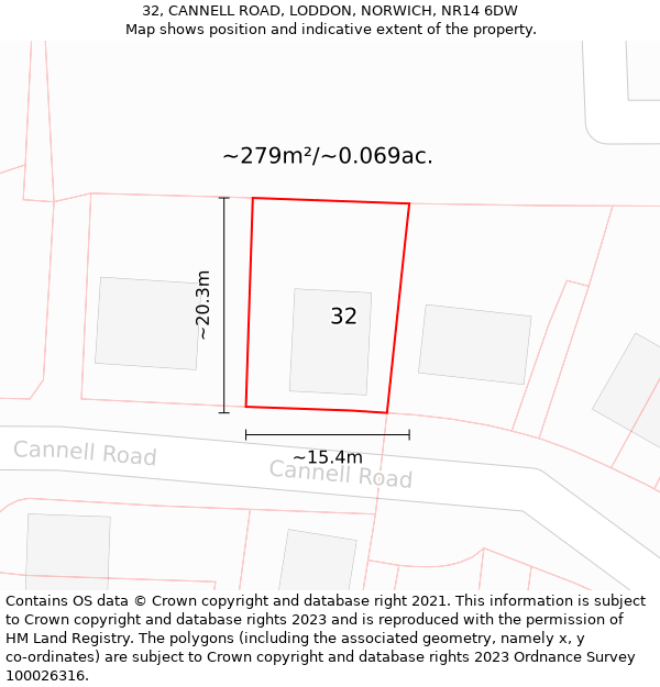 32, CANNELL ROAD, LODDON, NORWICH, NR14 6DW: Plot and title map