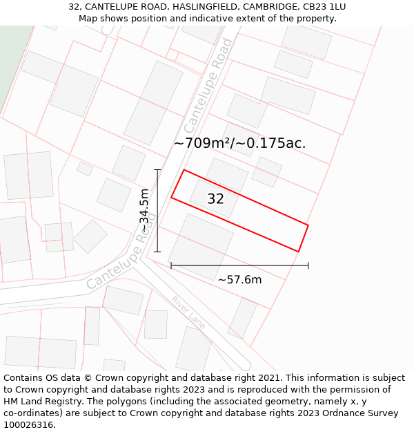 32, CANTELUPE ROAD, HASLINGFIELD, CAMBRIDGE, CB23 1LU: Plot and title map