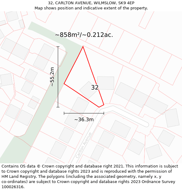 32, CARLTON AVENUE, WILMSLOW, SK9 4EP: Plot and title map