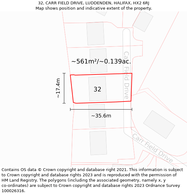 32, CARR FIELD DRIVE, LUDDENDEN, HALIFAX, HX2 6RJ: Plot and title map