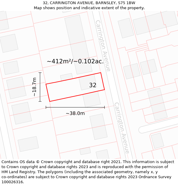 32, CARRINGTON AVENUE, BARNSLEY, S75 1BW: Plot and title map