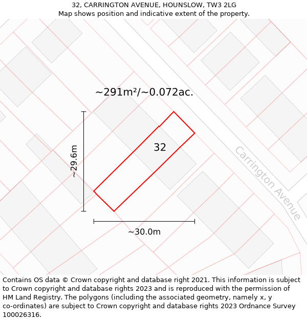 32, CARRINGTON AVENUE, HOUNSLOW, TW3 2LG: Plot and title map