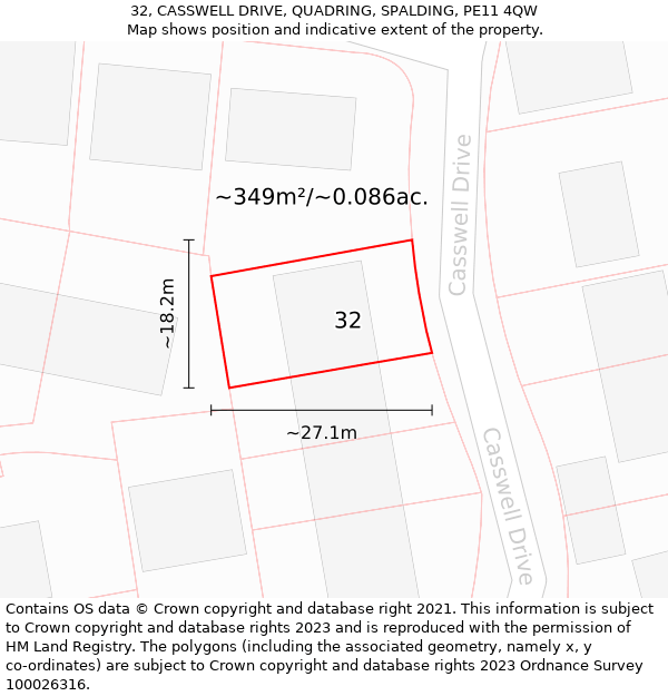 32, CASSWELL DRIVE, QUADRING, SPALDING, PE11 4QW: Plot and title map