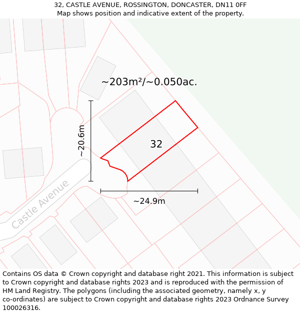 32, CASTLE AVENUE, ROSSINGTON, DONCASTER, DN11 0FF: Plot and title map