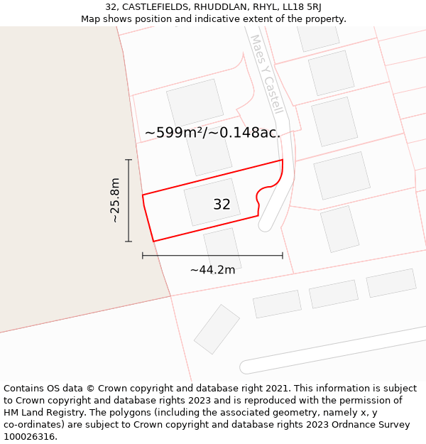 32, CASTLEFIELDS, RHUDDLAN, RHYL, LL18 5RJ: Plot and title map