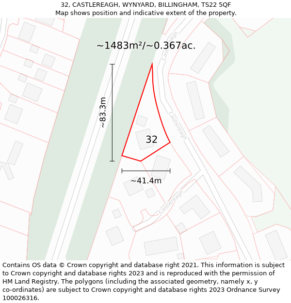 32, CASTLEREAGH, WYNYARD, BILLINGHAM, TS22 5QF: Plot and title map