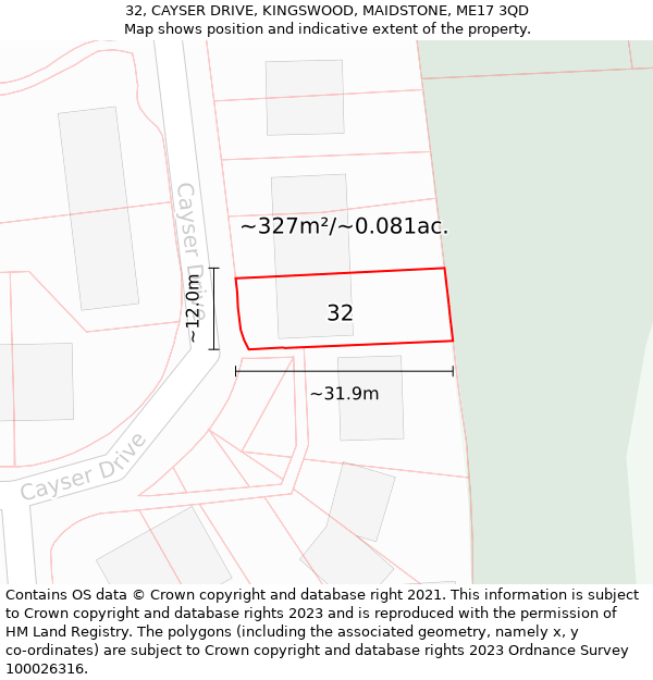 32, CAYSER DRIVE, KINGSWOOD, MAIDSTONE, ME17 3QD: Plot and title map