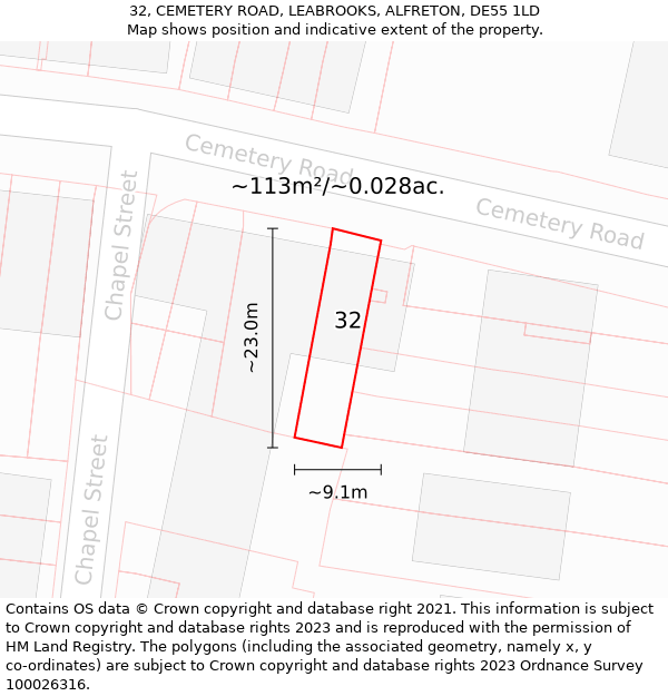 32, CEMETERY ROAD, LEABROOKS, ALFRETON, DE55 1LD: Plot and title map