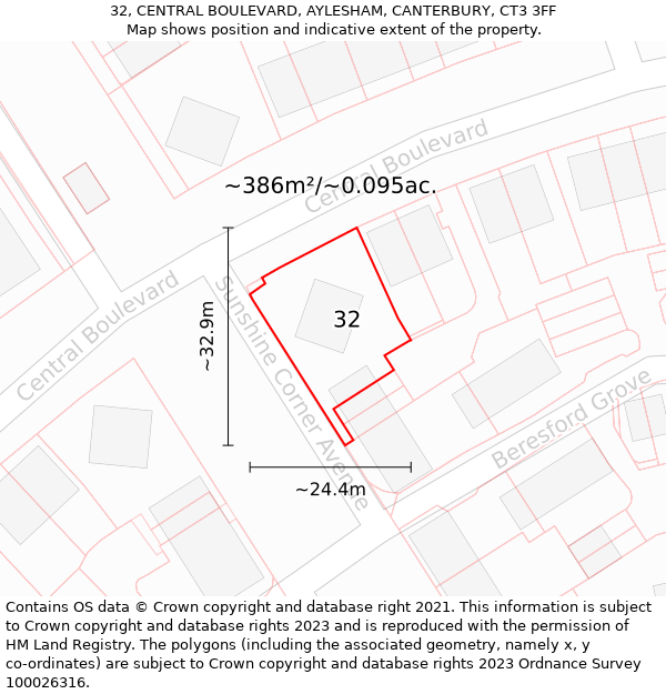 32, CENTRAL BOULEVARD, AYLESHAM, CANTERBURY, CT3 3FF: Plot and title map