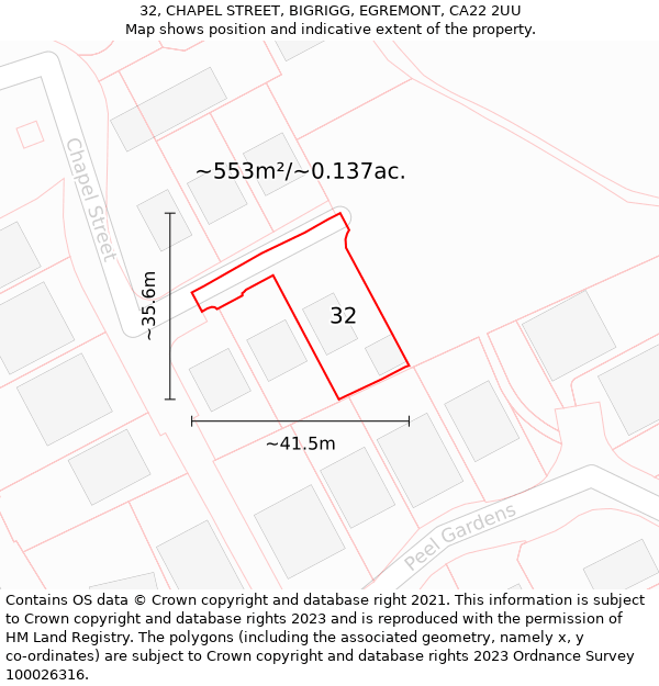 32, CHAPEL STREET, BIGRIGG, EGREMONT, CA22 2UU: Plot and title map