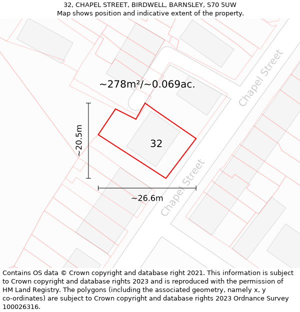 32, CHAPEL STREET, BIRDWELL, BARNSLEY, S70 5UW: Plot and title map