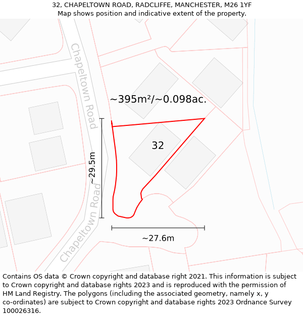 32, CHAPELTOWN ROAD, RADCLIFFE, MANCHESTER, M26 1YF: Plot and title map