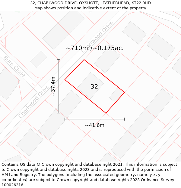 32, CHARLWOOD DRIVE, OXSHOTT, LEATHERHEAD, KT22 0HD: Plot and title map