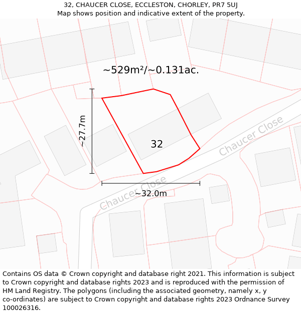 32, CHAUCER CLOSE, ECCLESTON, CHORLEY, PR7 5UJ: Plot and title map