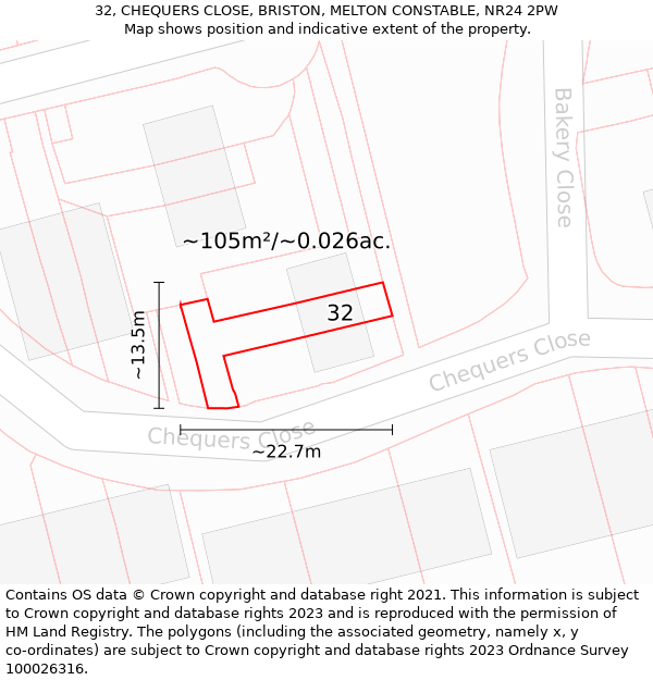 32, CHEQUERS CLOSE, BRISTON, MELTON CONSTABLE, NR24 2PW: Plot and title map