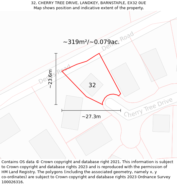 32, CHERRY TREE DRIVE, LANDKEY, BARNSTAPLE, EX32 0UE: Plot and title map