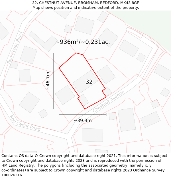 32, CHESTNUT AVENUE, BROMHAM, BEDFORD, MK43 8GE: Plot and title map