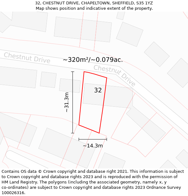 32, CHESTNUT DRIVE, CHAPELTOWN, SHEFFIELD, S35 1YZ: Plot and title map