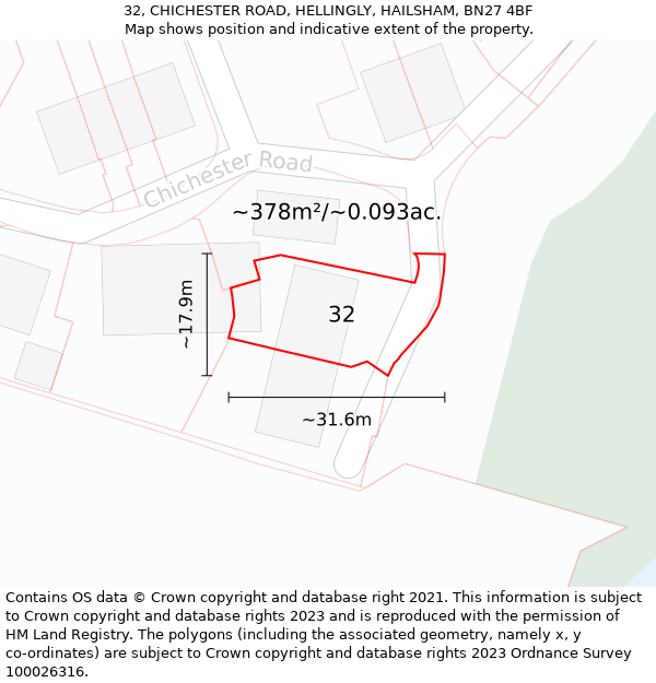 32, CHICHESTER ROAD, HELLINGLY, HAILSHAM, BN27 4BF: Plot and title map