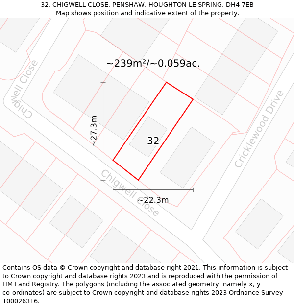 32, CHIGWELL CLOSE, PENSHAW, HOUGHTON LE SPRING, DH4 7EB: Plot and title map