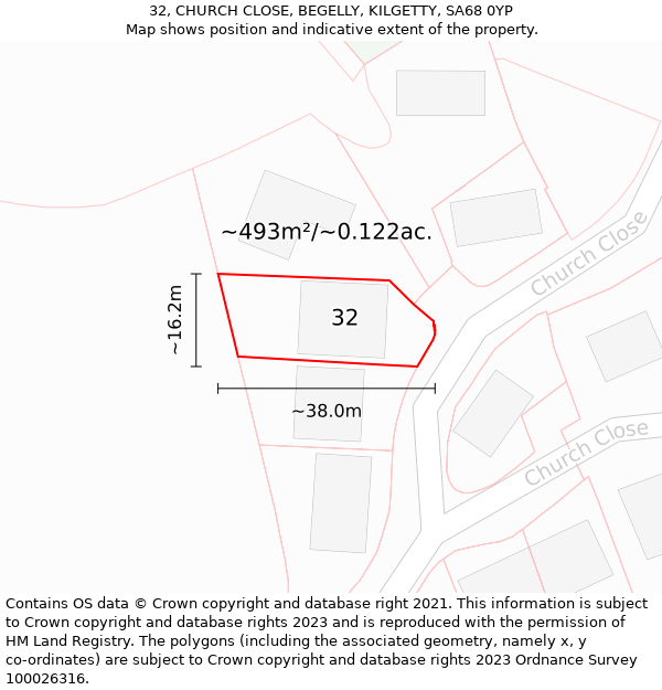 32, CHURCH CLOSE, BEGELLY, KILGETTY, SA68 0YP: Plot and title map