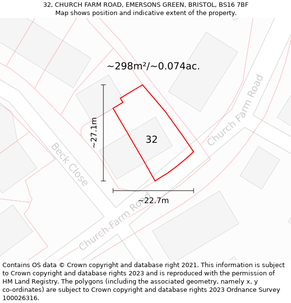 32, CHURCH FARM ROAD, EMERSONS GREEN, BRISTOL, BS16 7BF: Plot and title map