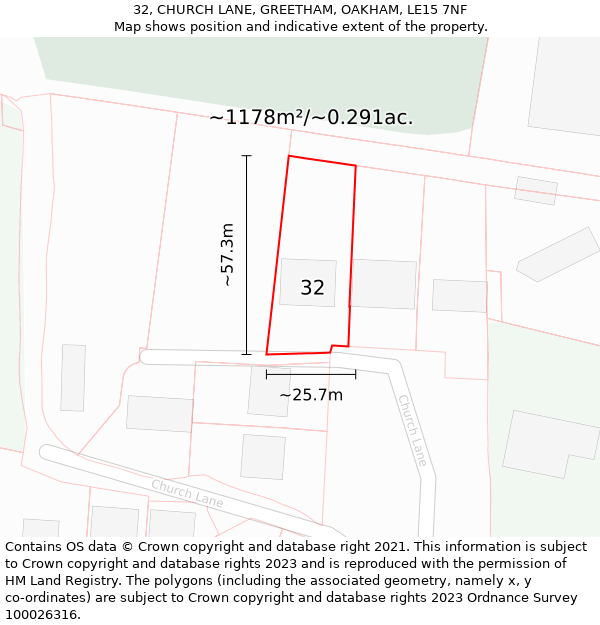 32, CHURCH LANE, GREETHAM, OAKHAM, LE15 7NF: Plot and title map