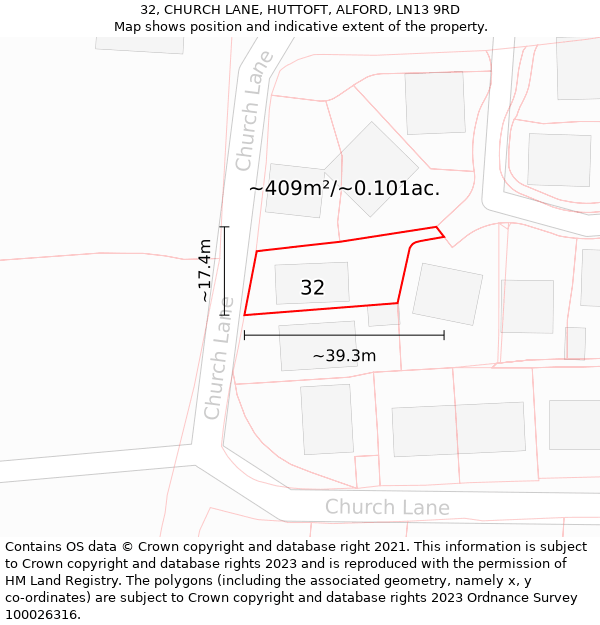 32, CHURCH LANE, HUTTOFT, ALFORD, LN13 9RD: Plot and title map