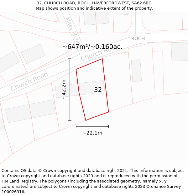 32, CHURCH ROAD, ROCH, HAVERFORDWEST, SA62 6BG: Plot and title map