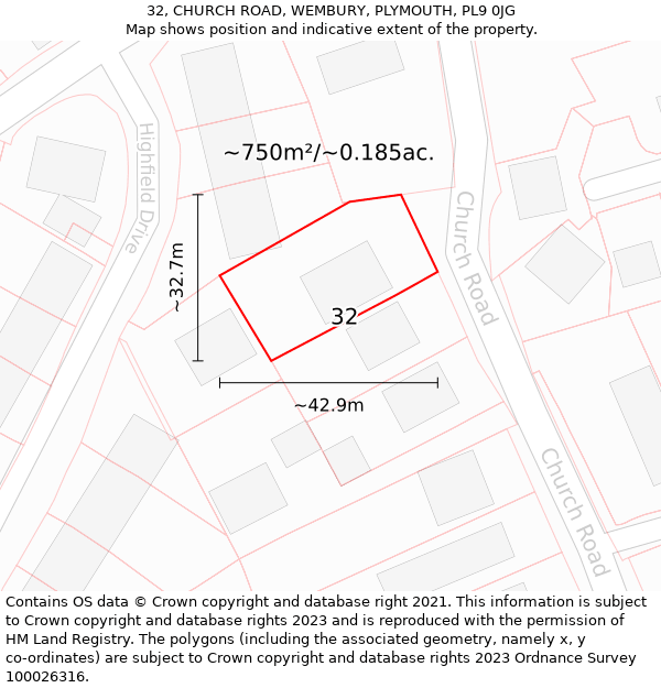 32, CHURCH ROAD, WEMBURY, PLYMOUTH, PL9 0JG: Plot and title map