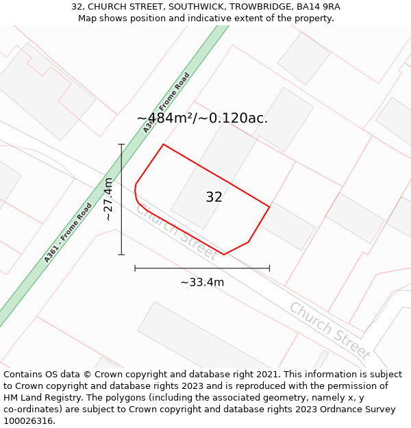 32, CHURCH STREET, SOUTHWICK, TROWBRIDGE, BA14 9RA: Plot and title map