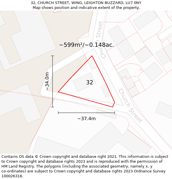 32, CHURCH STREET, WING, LEIGHTON BUZZARD, LU7 0NY: Plot and title map