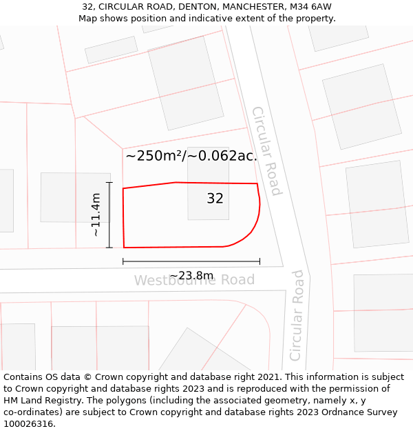 32, CIRCULAR ROAD, DENTON, MANCHESTER, M34 6AW: Plot and title map