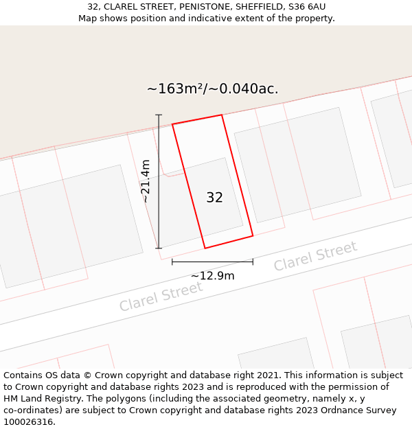 32, CLAREL STREET, PENISTONE, SHEFFIELD, S36 6AU: Plot and title map