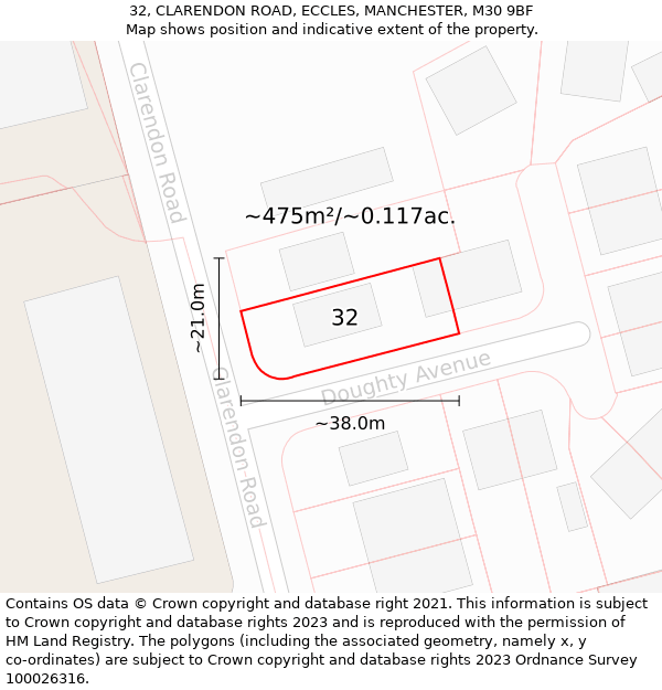 32, CLARENDON ROAD, ECCLES, MANCHESTER, M30 9BF: Plot and title map