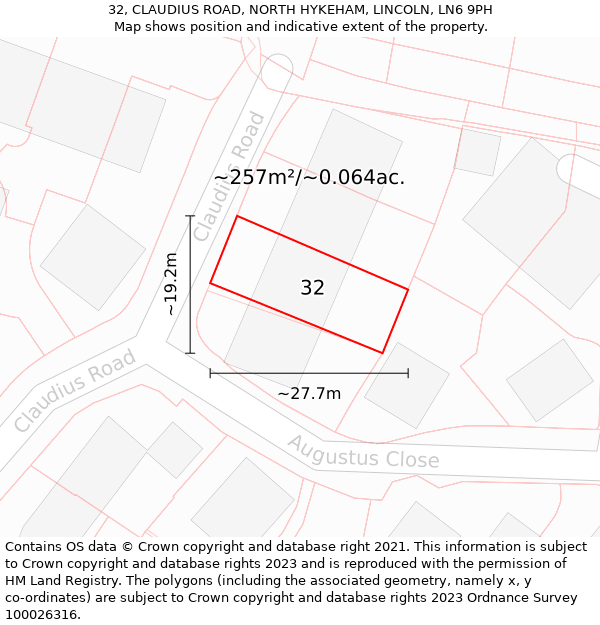 32, CLAUDIUS ROAD, NORTH HYKEHAM, LINCOLN, LN6 9PH: Plot and title map