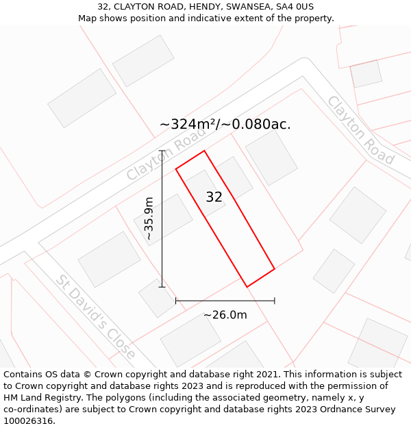 32, CLAYTON ROAD, HENDY, SWANSEA, SA4 0US: Plot and title map