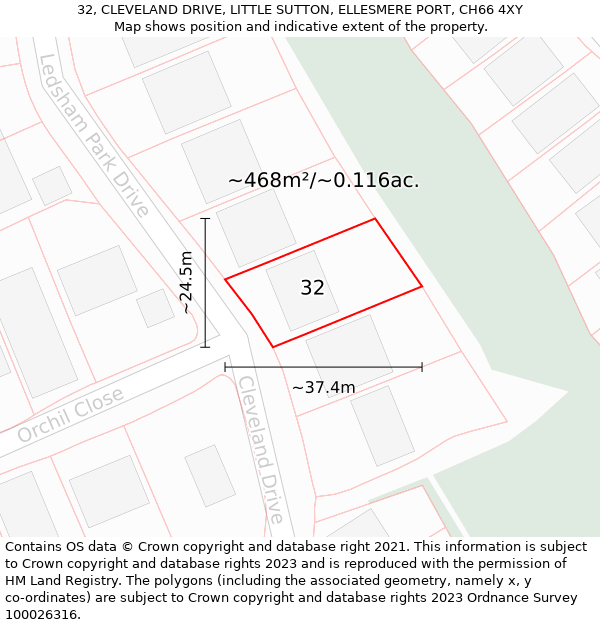 32, CLEVELAND DRIVE, LITTLE SUTTON, ELLESMERE PORT, CH66 4XY: Plot and title map