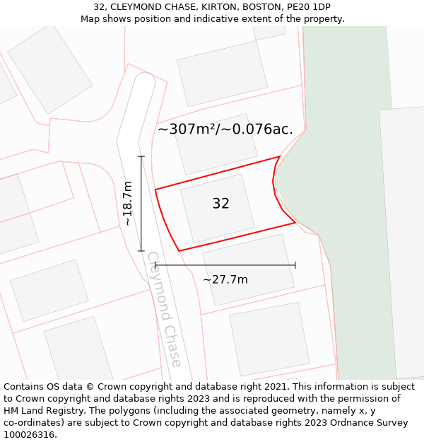 32, CLEYMOND CHASE, KIRTON, BOSTON, PE20 1DP: Plot and title map