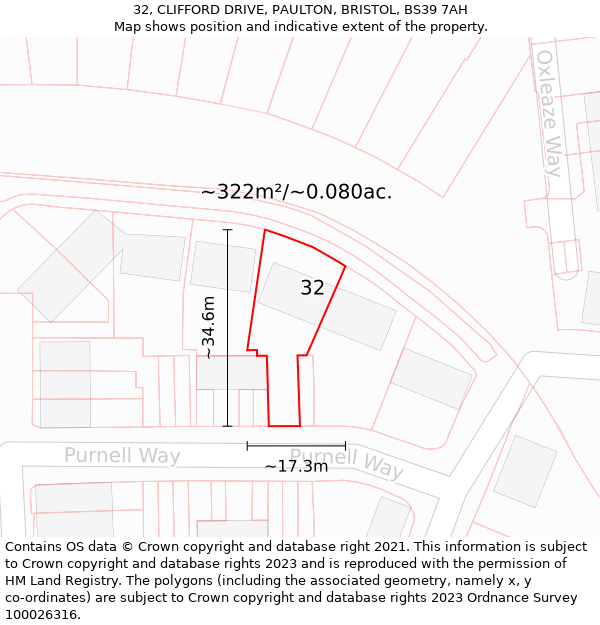 32, CLIFFORD DRIVE, PAULTON, BRISTOL, BS39 7AH: Plot and title map