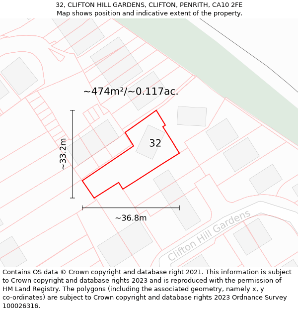 32, CLIFTON HILL GARDENS, CLIFTON, PENRITH, CA10 2FE: Plot and title map