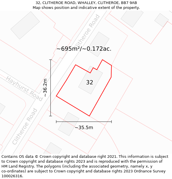 32, CLITHEROE ROAD, WHALLEY, CLITHEROE, BB7 9AB: Plot and title map