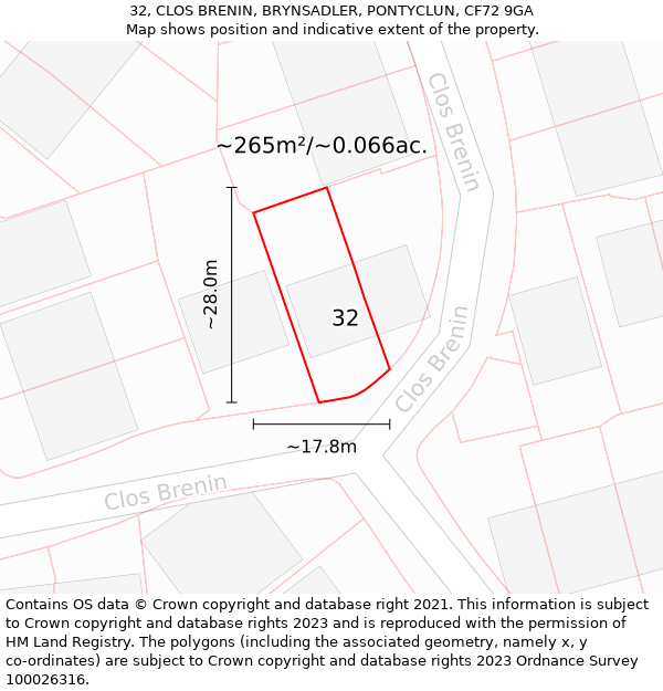 32, CLOS BRENIN, BRYNSADLER, PONTYCLUN, CF72 9GA: Plot and title map