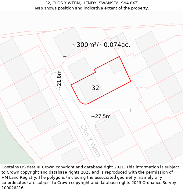 32, CLOS Y WERN, HENDY, SWANSEA, SA4 0XZ: Plot and title map