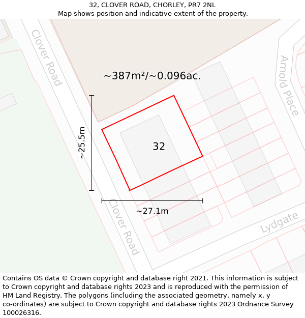 32, CLOVER ROAD, CHORLEY, PR7 2NL: Plot and title map