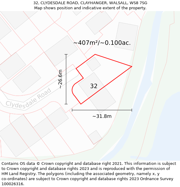 32, CLYDESDALE ROAD, CLAYHANGER, WALSALL, WS8 7SG: Plot and title map