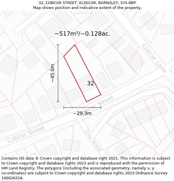 32, COBCAR STREET, ELSECAR, BARNSLEY, S74 8BP: Plot and title map