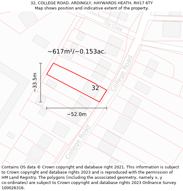 32, COLLEGE ROAD, ARDINGLY, HAYWARDS HEATH, RH17 6TY: Plot and title map